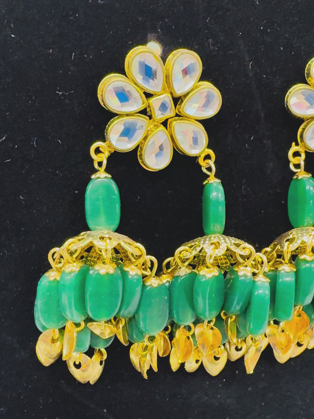 Green Kundan & Beaded Jhumka Earrings