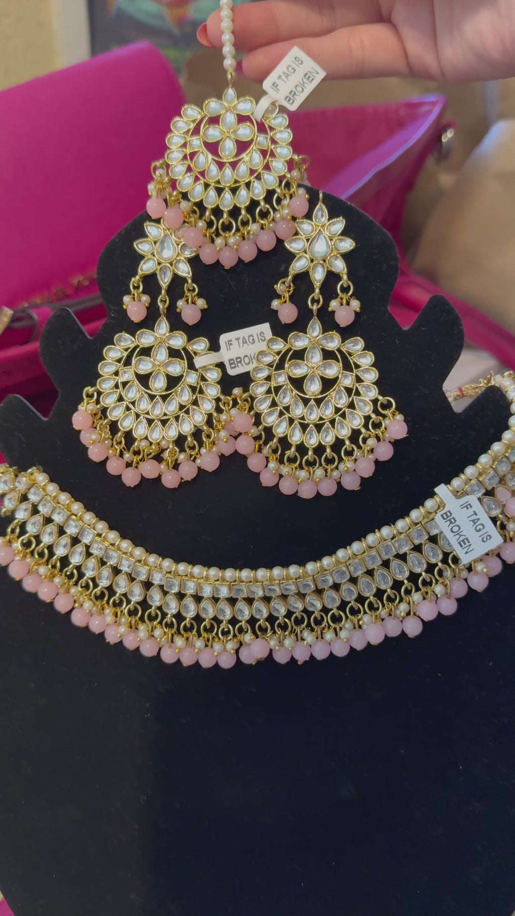 Pink Kundan Bridal Necklace Set with Earrings & Maang Tikka