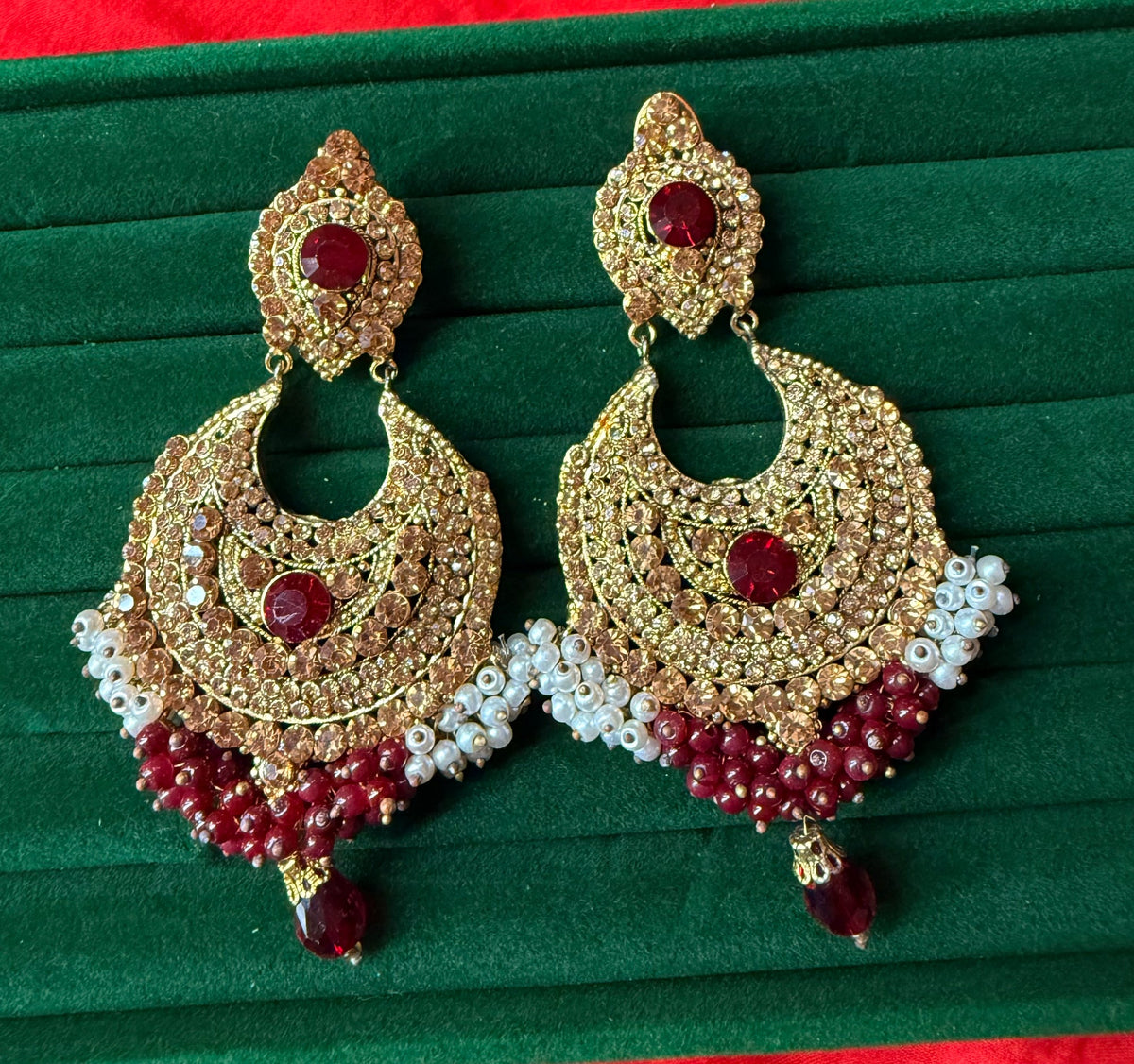 Red and gold traditional statement earrings – crystal, pearl-style, and bead detail